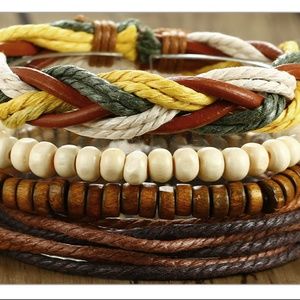 Boho Surfer Inspired Leather & Wood Bracelet Set